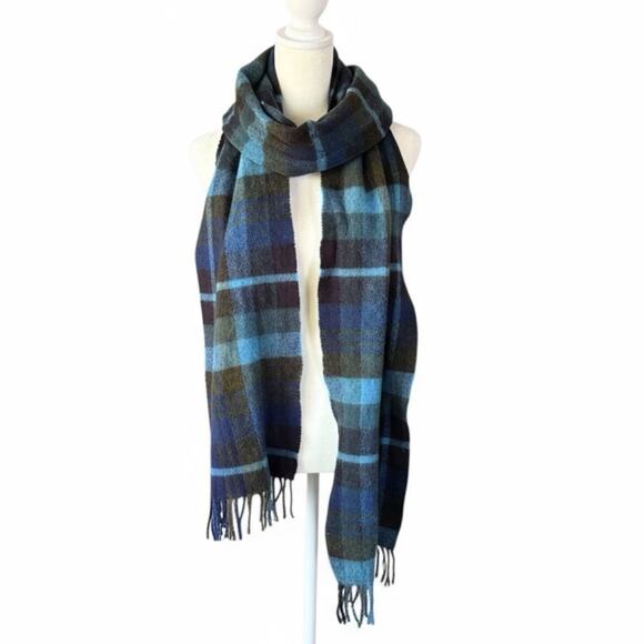 J Crew By Moon England Mens Merino Wool Blue Plaid Knit Scarf Fringe - Picture 4 of 9